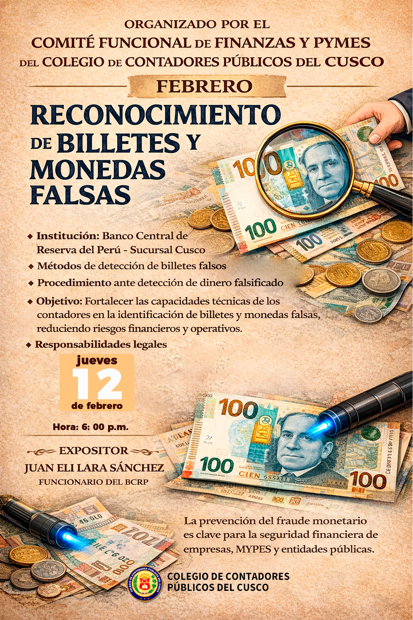Flyer: CAPACITACIÓN ESPECIALIZADA | RECONOCIMIENTO DE BILLETES Y MONEDAS FALSAS