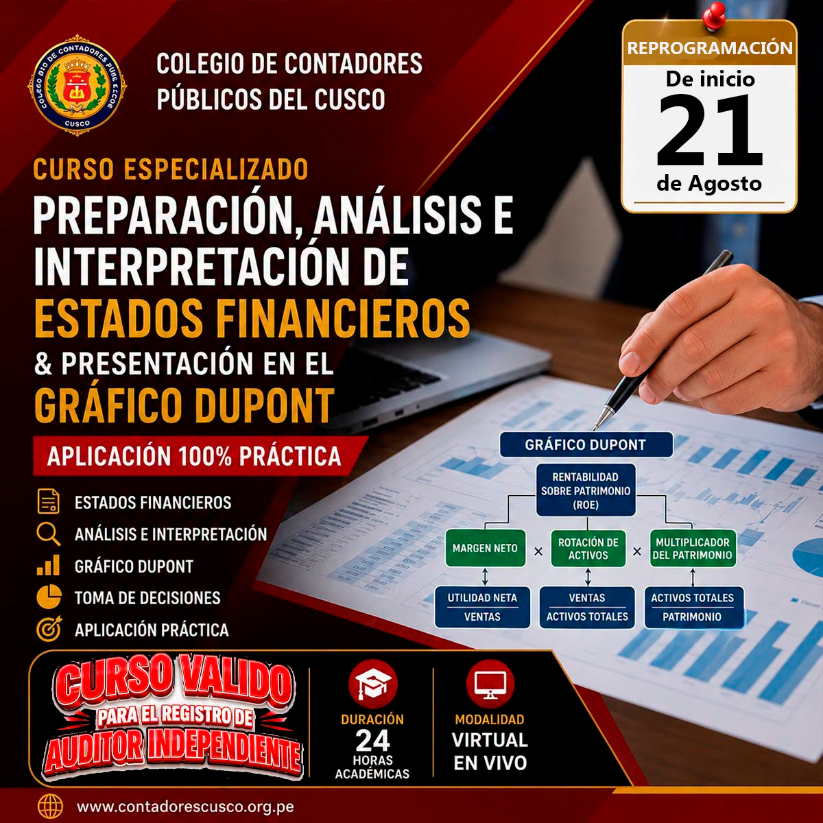 Flyer: Preparación en Análisis e Interpretación de Estados Financieros y Presentación en el Gráfico Dupont