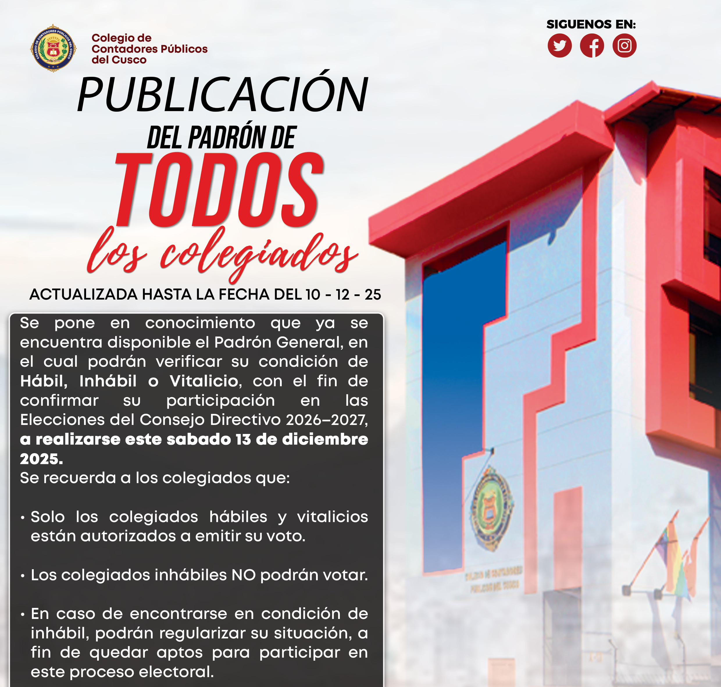 Padrón General para las Elecciones del Consejo Directivo 2026–2027. (actualizada hasta la fecha 10-12-25)