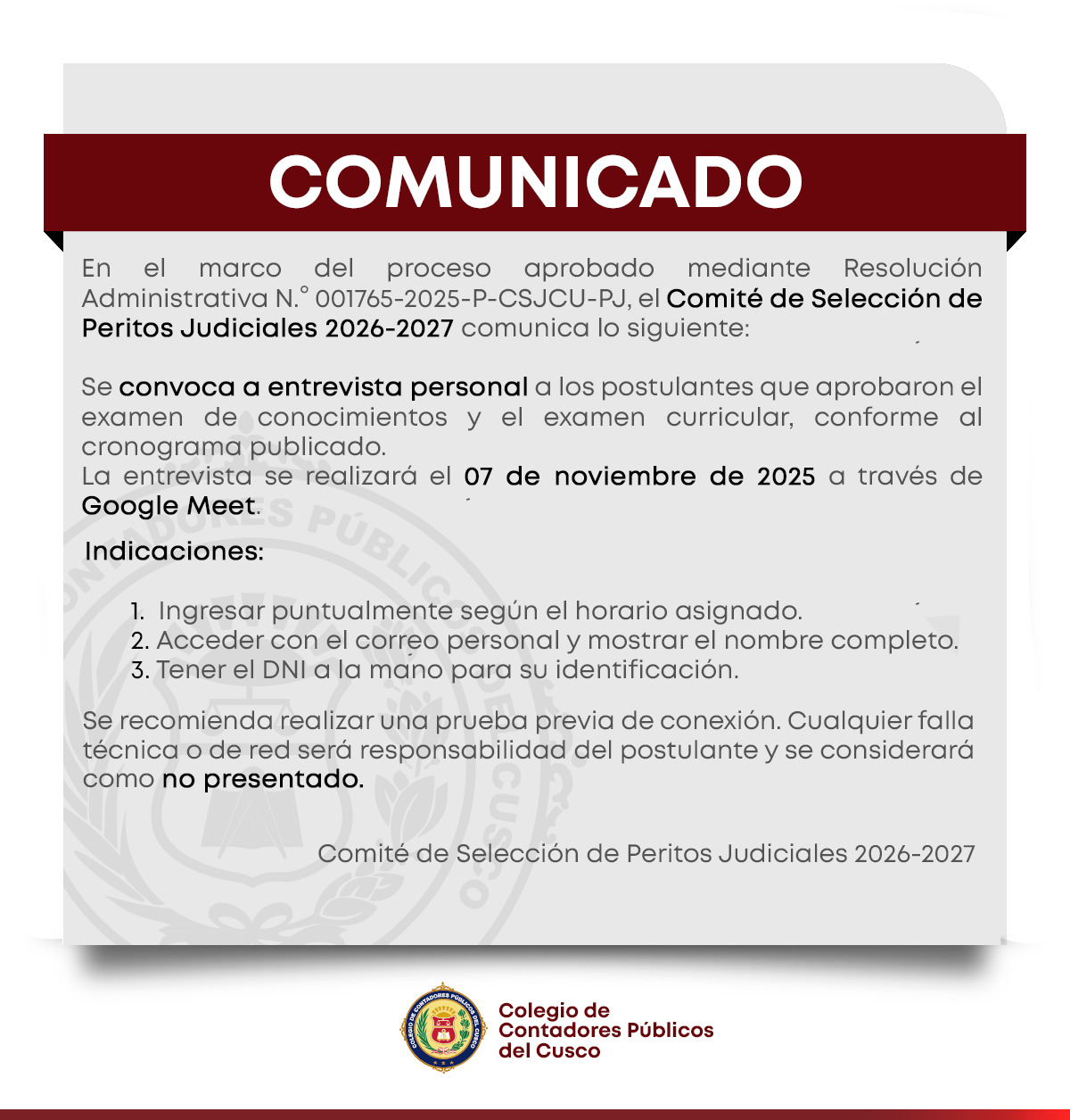 Comité de Selección de Peritos Judiciales 2026-2027