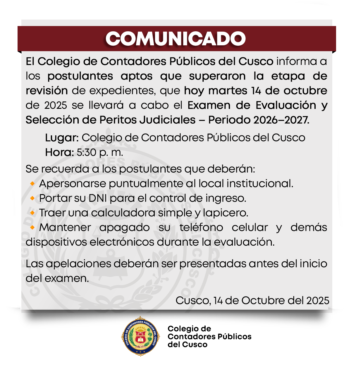 COMUNICADO IMPORTANTE PERITOS 2026-2027