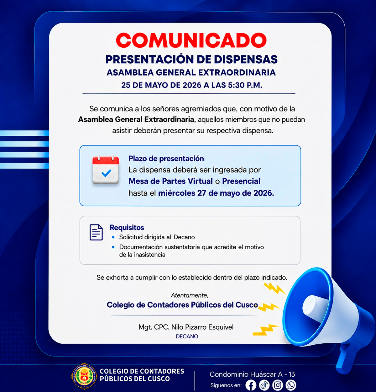 COMUNICADO IMPORTANTE | PRESENTACIÓN DE DISPENSAS