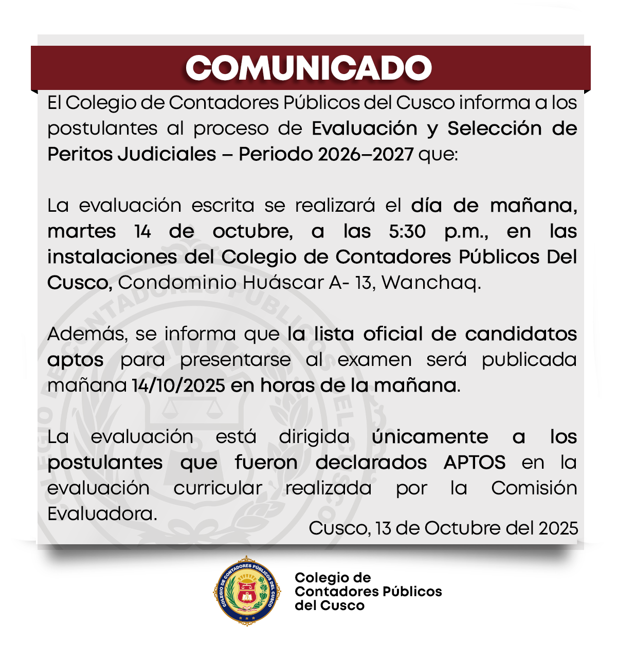 comunicado evaluación escrita para la Selección de Peritos Judiciales – Periodo 2026–2027
