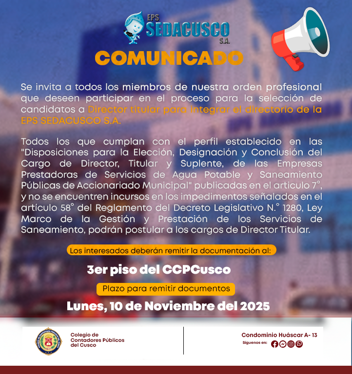 PROCESO PARA LA SELECCIÓN DE CANDIDATOS A DIRECTOR TITULAR PARA INTEGRAR EL DIRECTORIO DE LA EPS SEDACUSCO S.A.