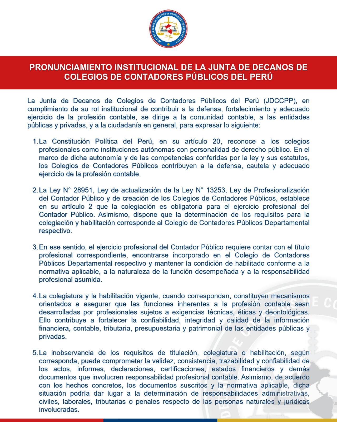 PRONUNCIAMIENTO INSTITUCIONAL DE LA JUNTA DE DESCANOS DE COLEGIOS DE CONTADORES PÚBLICOS DEL PERÚ